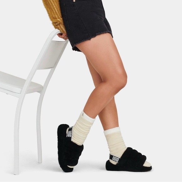 UGG “Fluff Yeah” Black Fluffy Sheepskin Slides Sandal Logo Branded Strap | 7 - Picture 2 of 10
